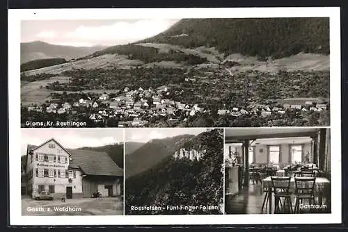 AK Glems /Kr. Reutlingen, Gasthaus zum Waldhorn Fam. Harter, Ortsansicht, Fünf-Finger-Felsen