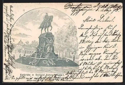 Lithographie Karlsruhe, Denkmal Kaiser Wilhelm I. mit Kränzen