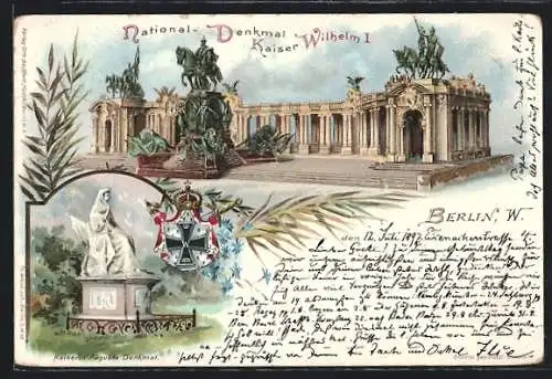 Lithographie Berlin, National-Denkmal Kaiser Wilhelm I. Kaiserin Auguste Denkmal