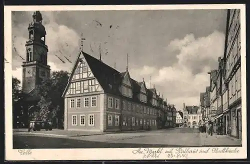 AK Celle, Am Markt mit Rathaus und Stadtkirche