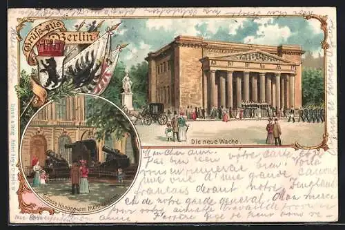 Lithographie Berlin, Neue Wache, Grosse Kanone vom Mont Valérien, Berliner Wappen