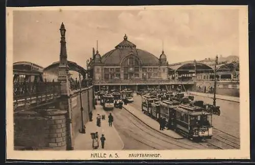 AK Halle a. S., Hauptbahnhof, Vorplatz mit Strassenbahnhaltestellen