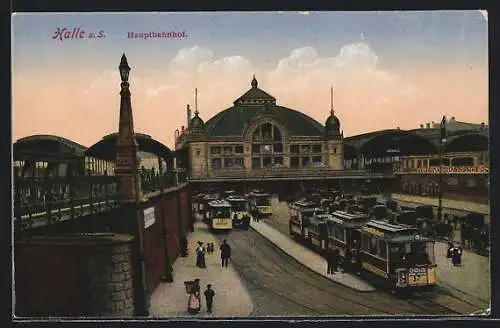 AK Halle / Saale, Hauptbahnhof mit Strassenbahnen, Kutschen, Frau mit Korb auf dem Rücken