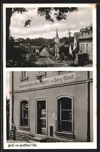 AK Gressthal, Strassenpartie mit Kirche, Bürstenfabrikation u. Kolonialwaren Georg Schmitt