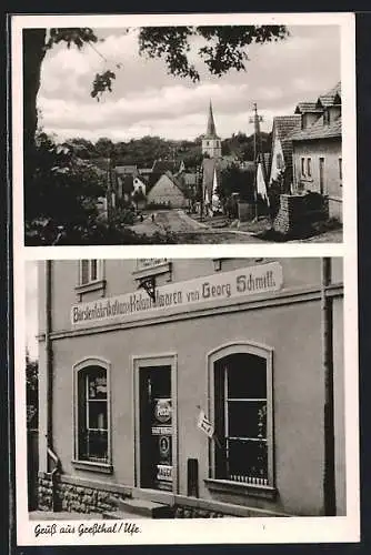 AK Gressthal, Strassenpartie mit Kirche, Bürstenfabrikation u. Kolonialwaren Georg Schmitt