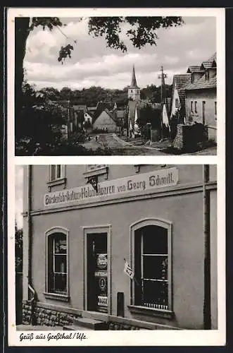 AK Gressthal, Strassenpartie mit Kirche, Bürstenfabrikation u. Kolonialwaren Georg Schmitt