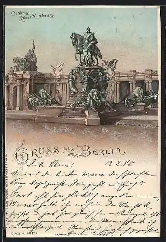 Lithographie Berlin, Denkmal Kaiser Wilhelm d. Gr., mit Glitzerpartikel verziert