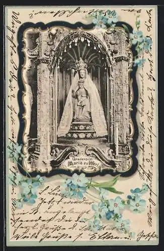 Präge-AK Werl, Gnadenbild der Maria in Vedute, mit blauen Blumen