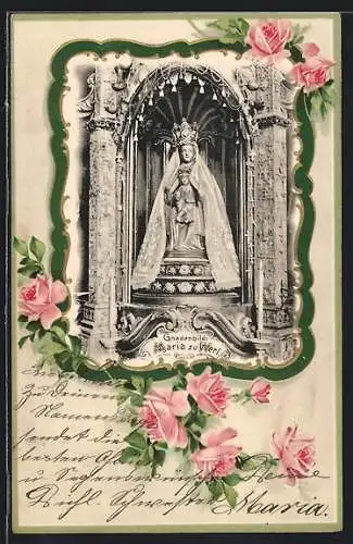 Präge-AK Werl, Gnadenbild der Maria in Vedute, mit rosa Rosen