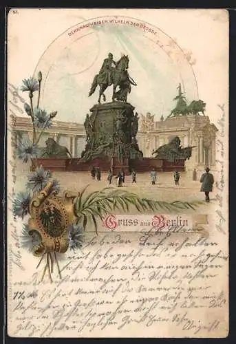 Lithographie Berlin, Kaiser Wilhelm der Grosse-Denkmal, Wappen mit Kornblumen