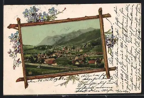 AK Spital a. Semmering, Teilansicht mit Bergen, Passepartout