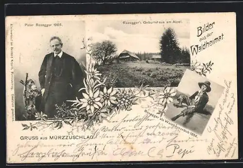 AK Mürzzuschlag, Peter Rosegger 1903, Geburtshaus am Alpel, Rosegger als Waldbauernbub