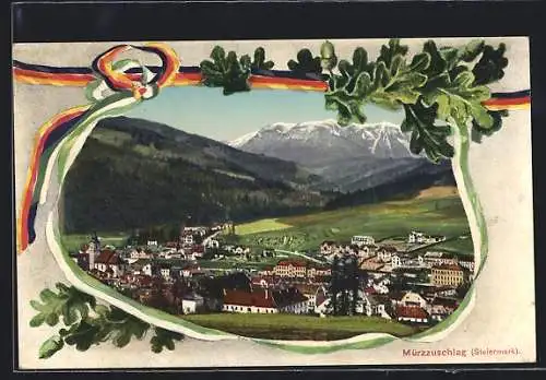 AK Mürzzuschlag, Ortsansicht mit Bergpanorama, Eichenlaub