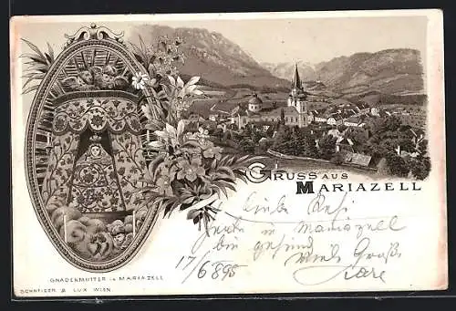 Lithographie Mariazell, Ortsansicht, Abbildung der Gnadenmutter