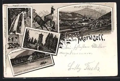 Lithographie Mariazell, Ortsansicht gegen Ötscher, Herrenhaus am Erlaf-See