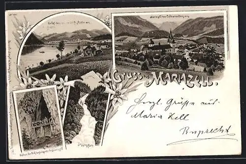 Lithographie Mariazell, Erlaf-See von der Stiftshütte aus, Lassingfall, Balcon der Hohfensteingrotte
