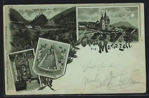 Mondschein-Lithographie Mariazell, Wallfahrtskirche, Sigmundsberg, Hochaltar