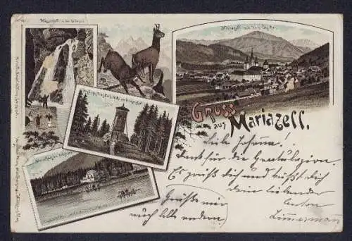 Lithographie Mariazell, Ortsansicht gegen Ötscher, Herrenhaus am Erlaf-See