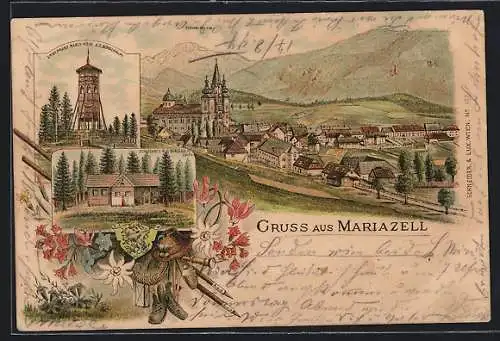 Lithographie Mariazell, Ortspanorama