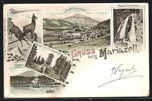 Lithographie Mariazell, Hotel Herrenhaus a. Erlaf-See, Ortsansicht m. d. Ötscher, Wasserfall in der Grünau