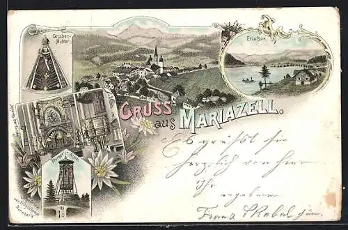 Lithographie Mariazell, Teilansicht mit Kirche, Bürger-Alpe, Erlafsee