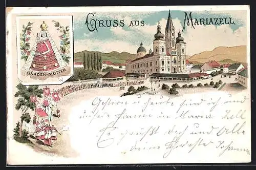 Lithographie Mariazell, Prozession, Gnaden-Mutter