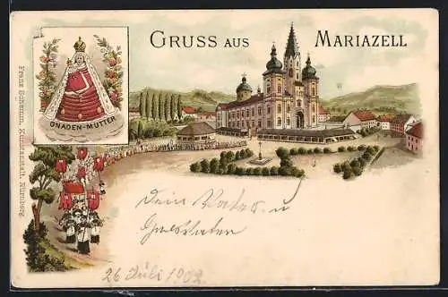 Lithographie Mariazell, Blick auf die Basilika, Gnadenmutter