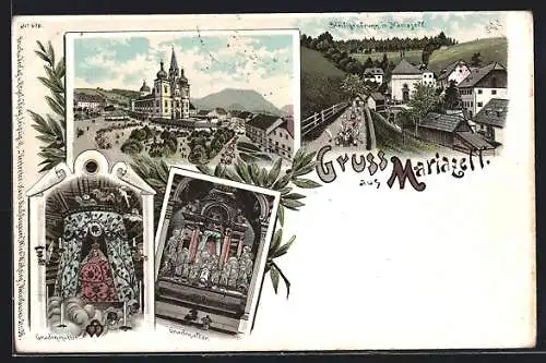 Lithographie Mariazell, Wallfahrtskirche, Gnadenaltar, Heiligenbrunn