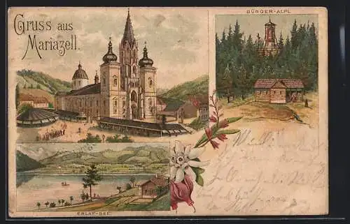 Vorläufer-Lithographie Mariazell, 1893, Basilika mit Erlaf-See und Bürger-Alpl