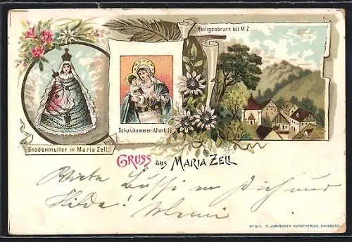 Lithographie Maria Zell, Heiligenbrunn, Schatzkammer-Altarbild, Gnadenmutter