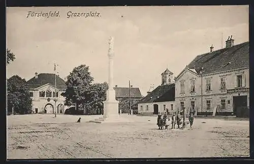 AK Fürstenfeld, Grazerplatz mit Puntigamer Bier-Depot Hotel und Denkmal