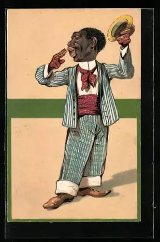 Präge-AK Ein afrikanischer Mann im Anzug zieht seinen Hut