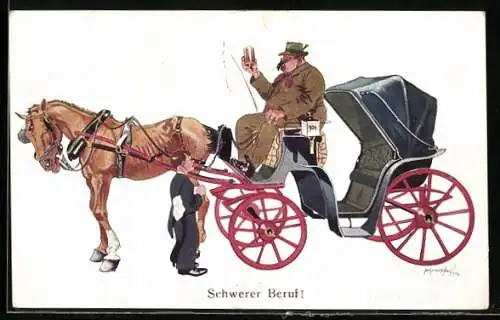Künstler-AK Fritz Schönpflug: Kutscher hält einen Bierkrug in der Hand, Schwerer Beruf