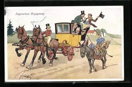 Künstler-AK Fritz Schönpflug: Herren in der Kutsche versuchen einer Frau auf dem Esel zu imponieren
