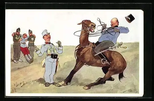 Künstler-AK Fritz Schönpflug: der Soldat bringt sein Pferd zum stehen vor einem Kameraden