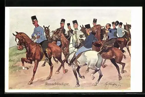 Künstler-AK Fritz Schönpflug: Rossebändiger - Gruppe von Kavalleristen zu Pferde