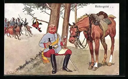 Künstler-AK Fritz Schönpflug: Soldat mit Weinglas sitzt vor Pferd