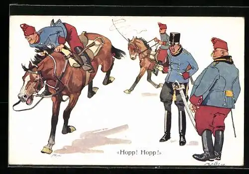 Künstler-AK Fritz Schönpflug: Hopp! Hopp!, Drill zu Pferde, Karikatur