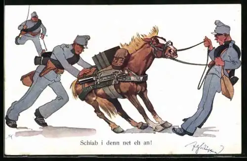 Künstler-AK Fritz Schönpflug: Soldaten versuchen, ein scheuendes Packpferd zu bewegen, Karikatur