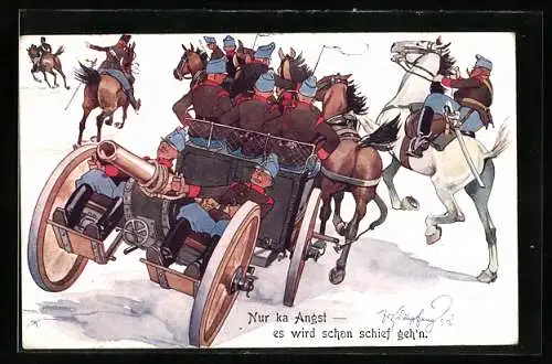 Künstler-AK Fritz Schönpflug: Nur ka Angst..., Soldaten mit Kutsche im Schnee