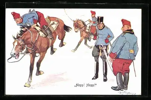 Künstler-AK Fritz Schönpflug: Männer in Uniformen auf bockigen Pferden