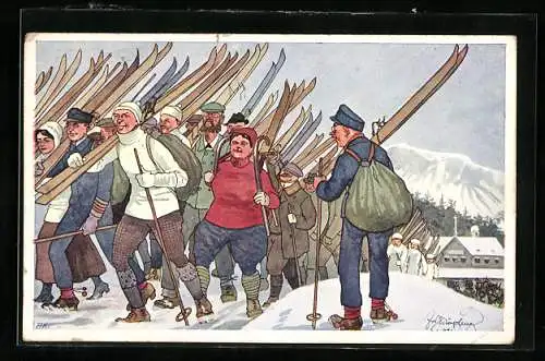 Künstler-AK Fritz Schönpflug: Skisportler tragen ihre Bretter über den Schultern