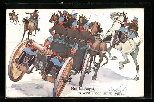 Künstler-AK Fritz Schönpflug: Nur ka Angst..., Soldaten mit Kutsche im Schnee