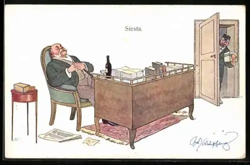 Künstler-AK Fritz Schönpflug: Siesta, der Mann schläft an seinem Schreibtisch