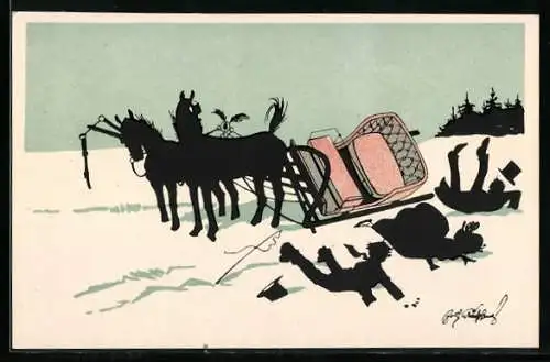 Künstler-AK Fritz Schönpflug: Pferdeschlitten und Passagiere im Schnee nach einem Unfall
