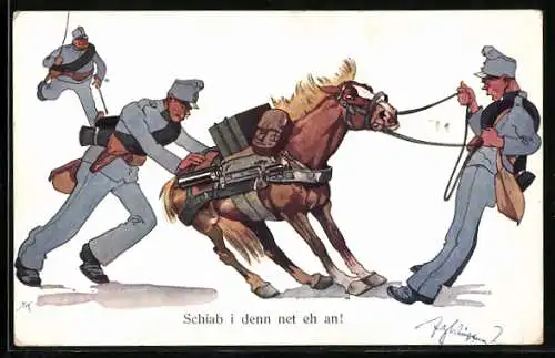 Künstler-AK Fritz Schönpflug: Soldaten versuchen, ein scheuendes Packpferd zu bewegen, Karikatur