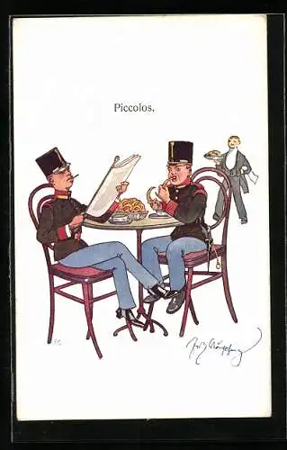 Künstler-AK Fritz Schönpflug: Piccolos. Soldaten sitzen beim Essen am Tisch