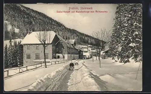 AK Prebichl /Steiermark, Gasthaus und Alpenherberge zum Reichenstein im Schnee