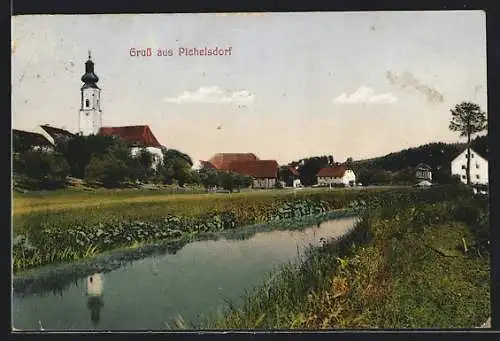 AK Pischelsdorf in der Steiermark, Uferpartie mit Blick zur Kirche