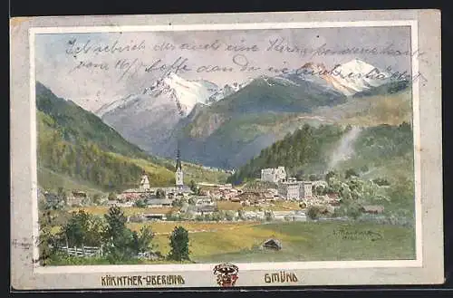 Künstler-AK Gmünd /Kärntner-Oberland, Gesamtansicht gegen die Berge
